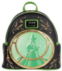 Backpack with green and black design featuring a witch and broomstick, with a phone screen showing a similar design.