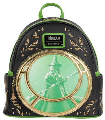 Backpack with green and black design featuring a witch and broomstick, with a phone screen showing a similar design.