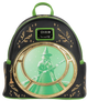 Backpack with green and black design featuring a witch and broomstick, with a phone screen showing a similar design.