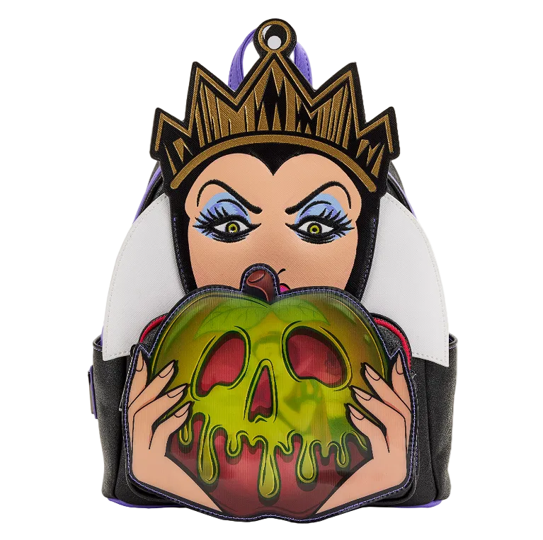 Backpack with a design of a character holding a green apple with a black background