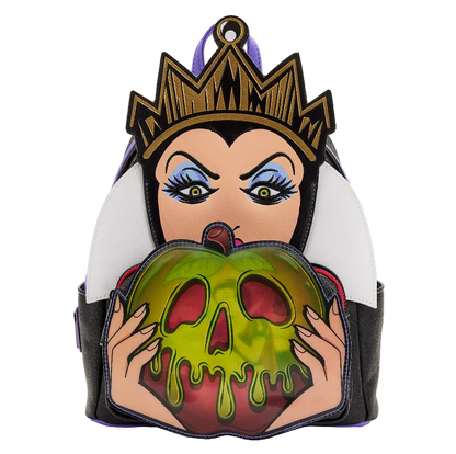 Backpack with a design of a character holding a green apple with a black background