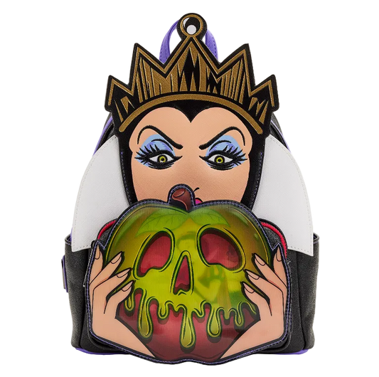 Backpack with a design of a character holding a green apple with a black background