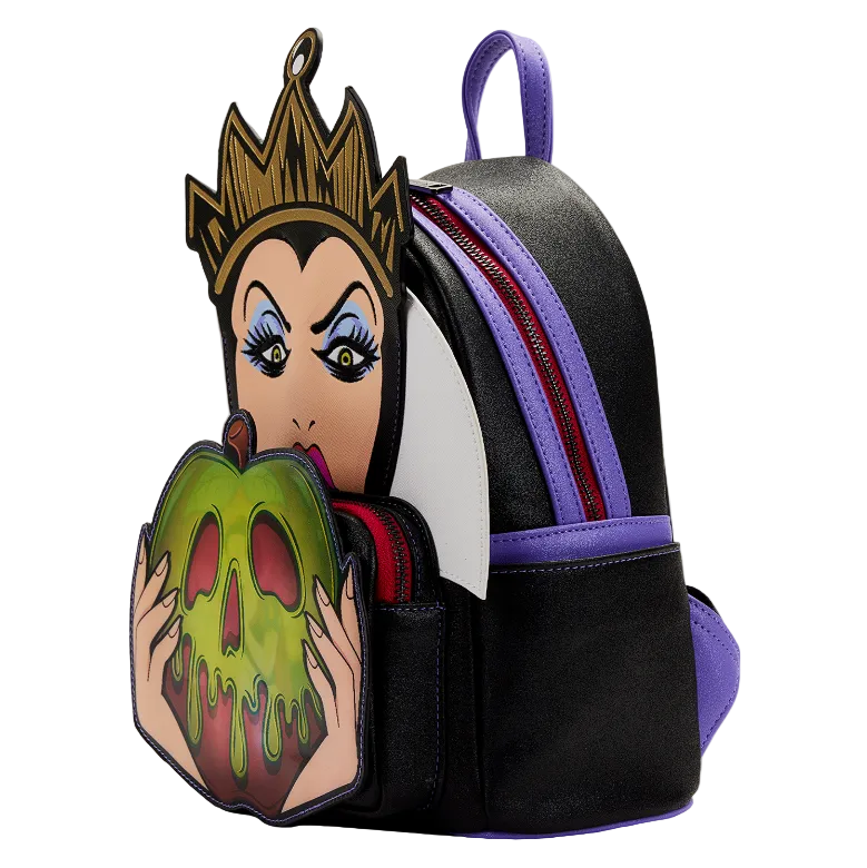 Backpack with character design holding a poisoned apple on a white background