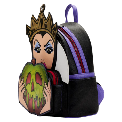 Backpack with character design holding a poisoned apple on a white background