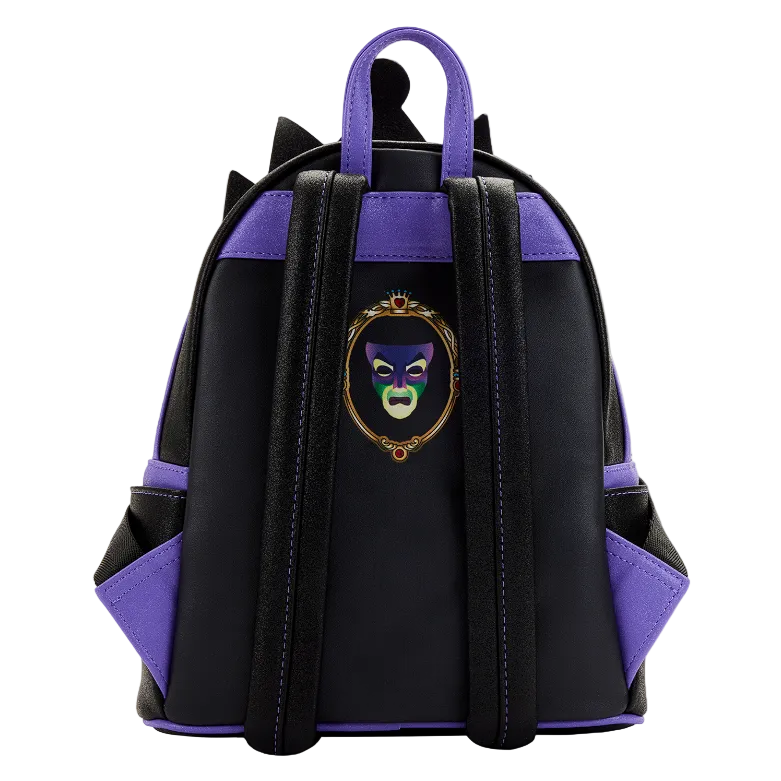 Black and purple backpack with a decorative emblem on a white background