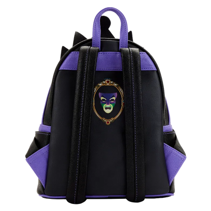Black and purple backpack with a decorative emblem on a white background