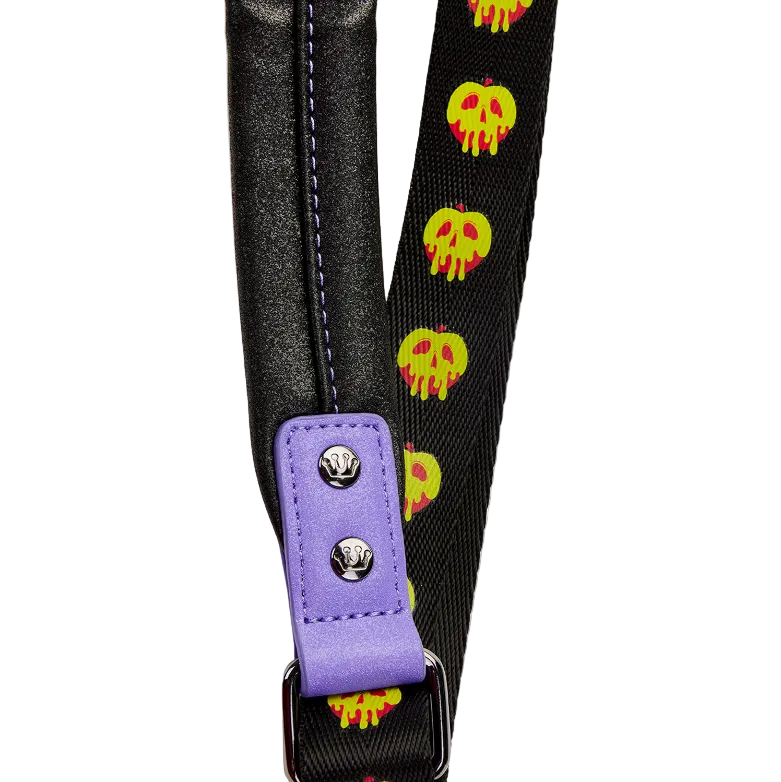 Black strap with colorful skull designs and a purple buckle on a white background