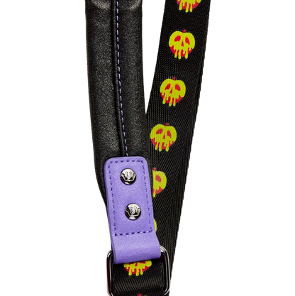 Black strap with colorful skull designs and a purple buckle on a white background