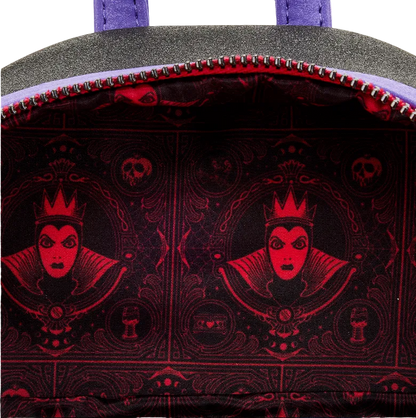 Backpack interior with red and black pattern featuring a character with a crown and dark hair.
