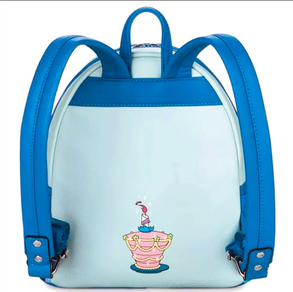 Light blue backpack with a cake design on a white background