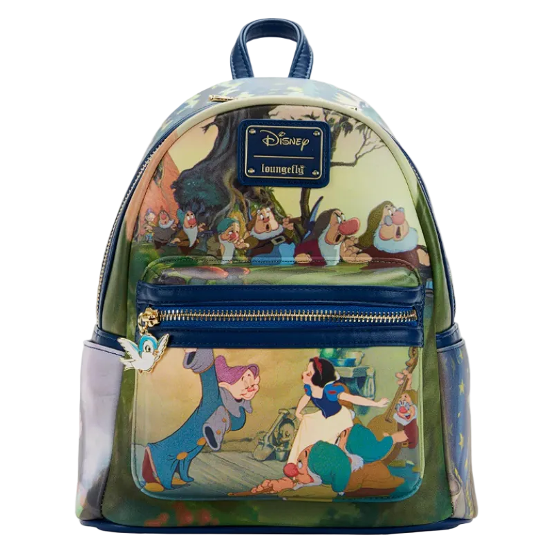 Backpack with Disney-themed design featuring characters and scenes.