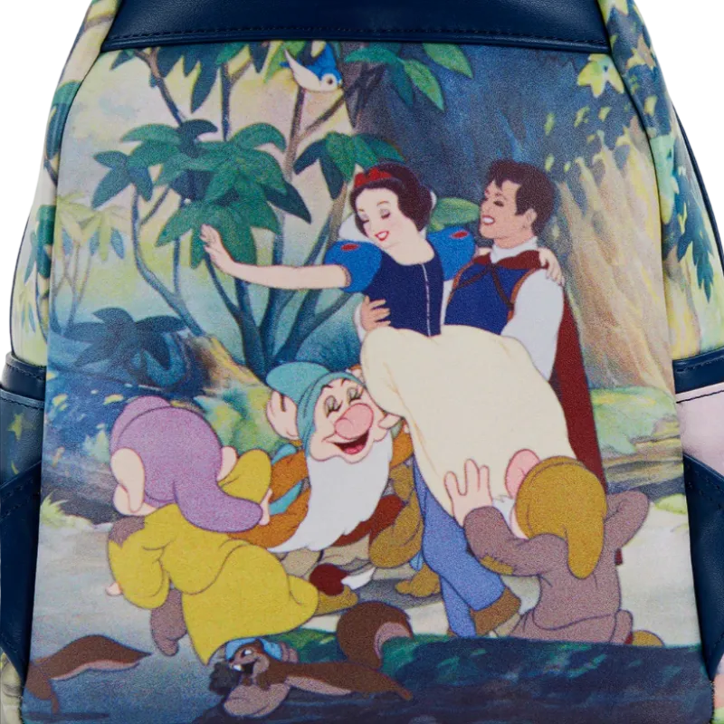 Backpack with Snow White and the Seven Dwarfs design in a forest setting