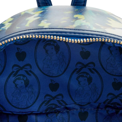 Blue backpack with Snow White and Apple design on a white background