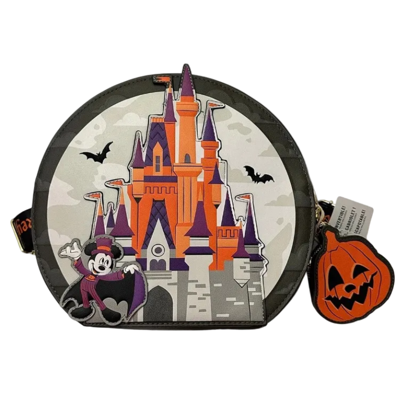 Round pouch with Halloween-themed design featuring a castle, bats, and a pumpkin keychain on a white background.