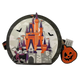 Round pouch with Halloween-themed design featuring a castle, bats, and a pumpkin keychain on a white background.