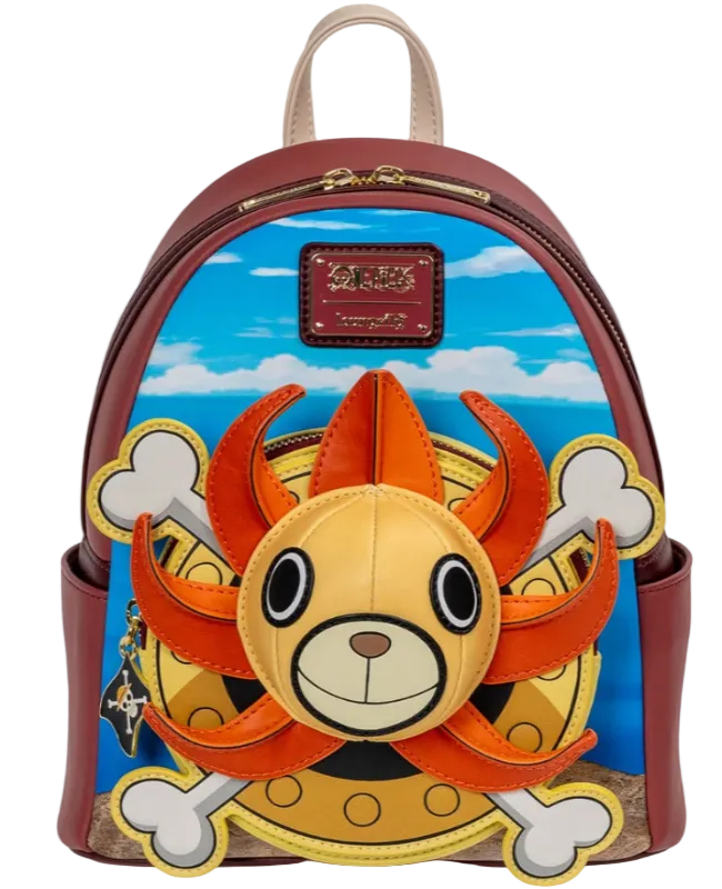 Backpack with a cartoon lion design on a blue sky background