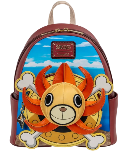 Backpack with a cartoon lion design on a blue sky background
