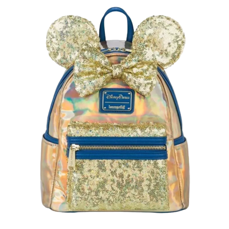 Backpack with Minnie Mouse ears and bow, featuring a Disney Parks label.