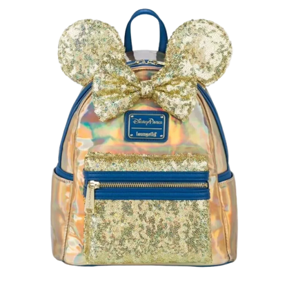 Backpack with Minnie Mouse ears and bow, featuring a Disney Parks label.