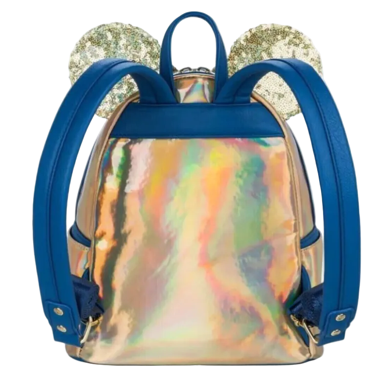 Backpack with blue straps and a multicolored, iridescent front panel on a white background.