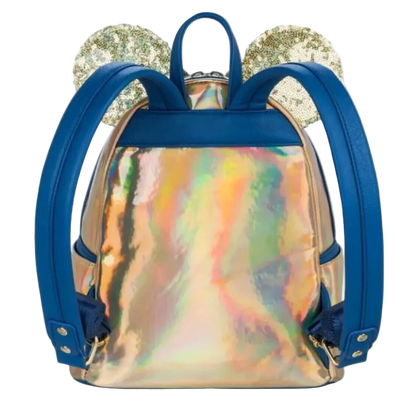 Backpack with blue straps and a multicolored, iridescent front panel on a white background.