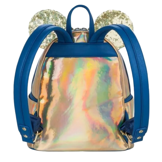 Backpack with blue straps and a multicolored, iridescent front panel on a white background.