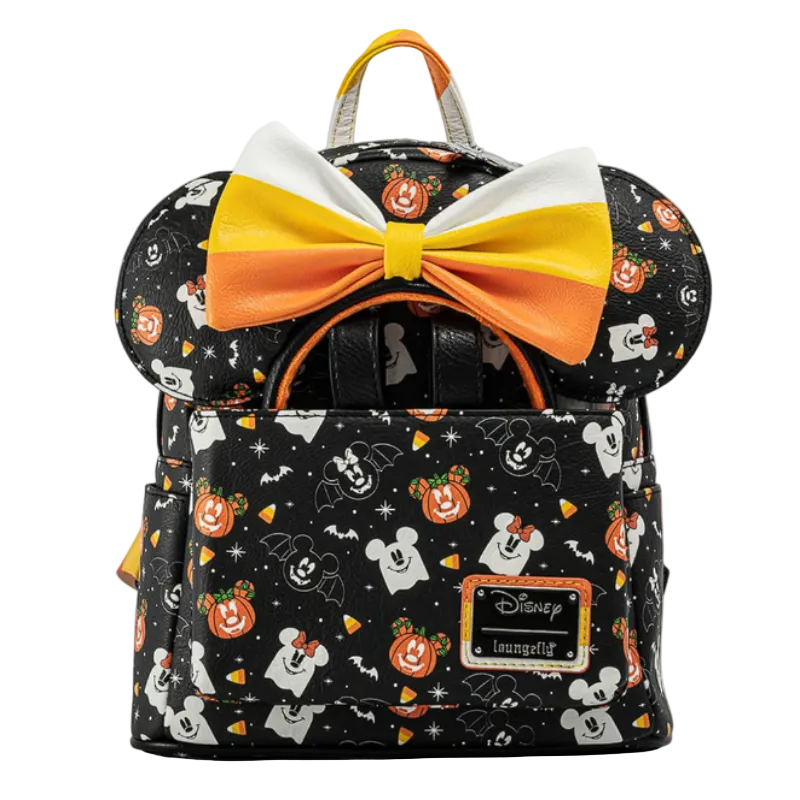 Backpack with Halloween-themed design and large bow on a white background