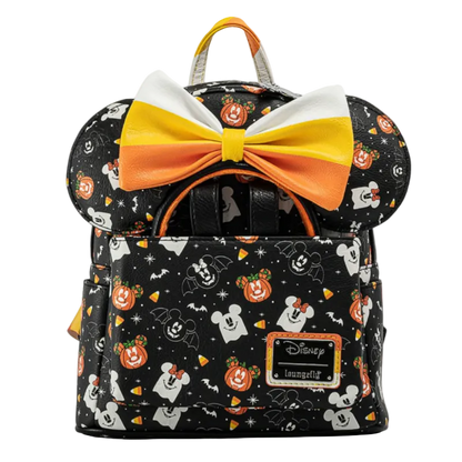 Backpack with Halloween-themed design and large bow on a white background