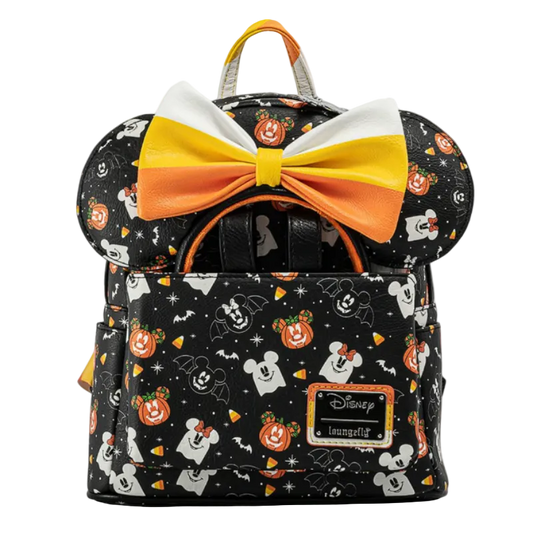Backpack with Halloween-themed design and large bow on a white background