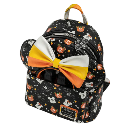 Backpack with Halloween-themed design and large bow on a white background