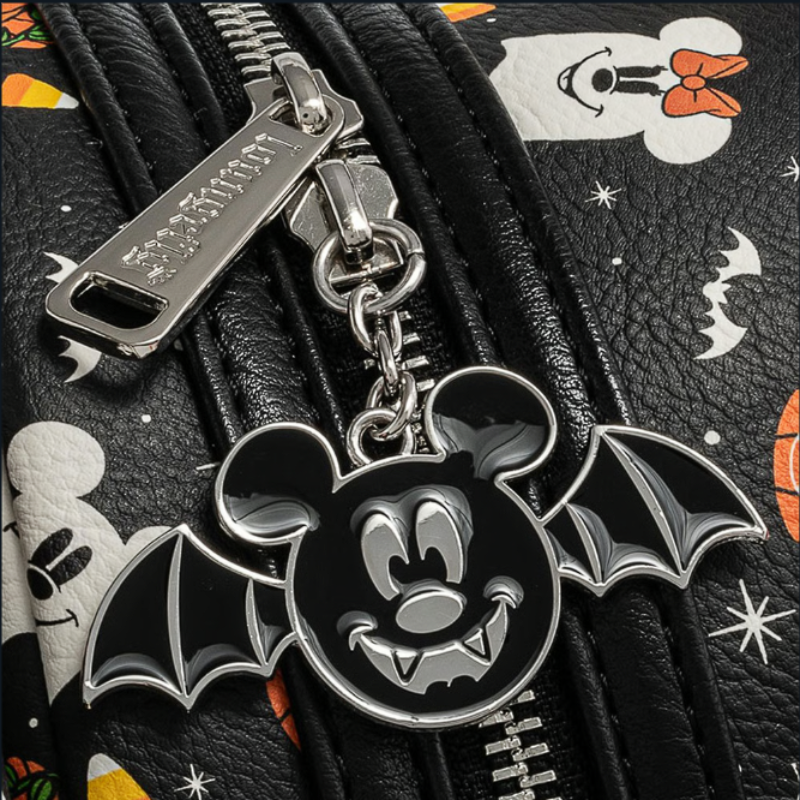 Mickey Mouse Halloween keychain on a black bag with ghost and bat designs.