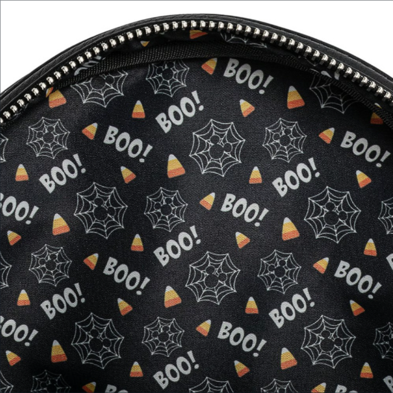 Black pouch with Halloween patterns including 'BOO!', spider webs, and candy corn on a black background.