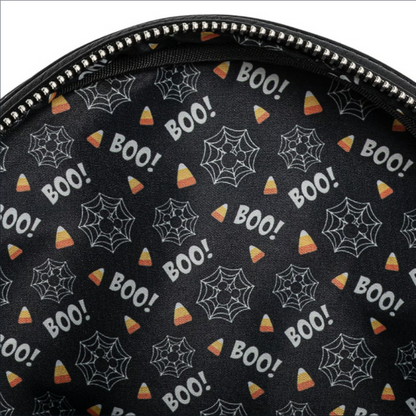 Black pouch with Halloween patterns including 'BOO!', spider webs, and candy corn on a black background.