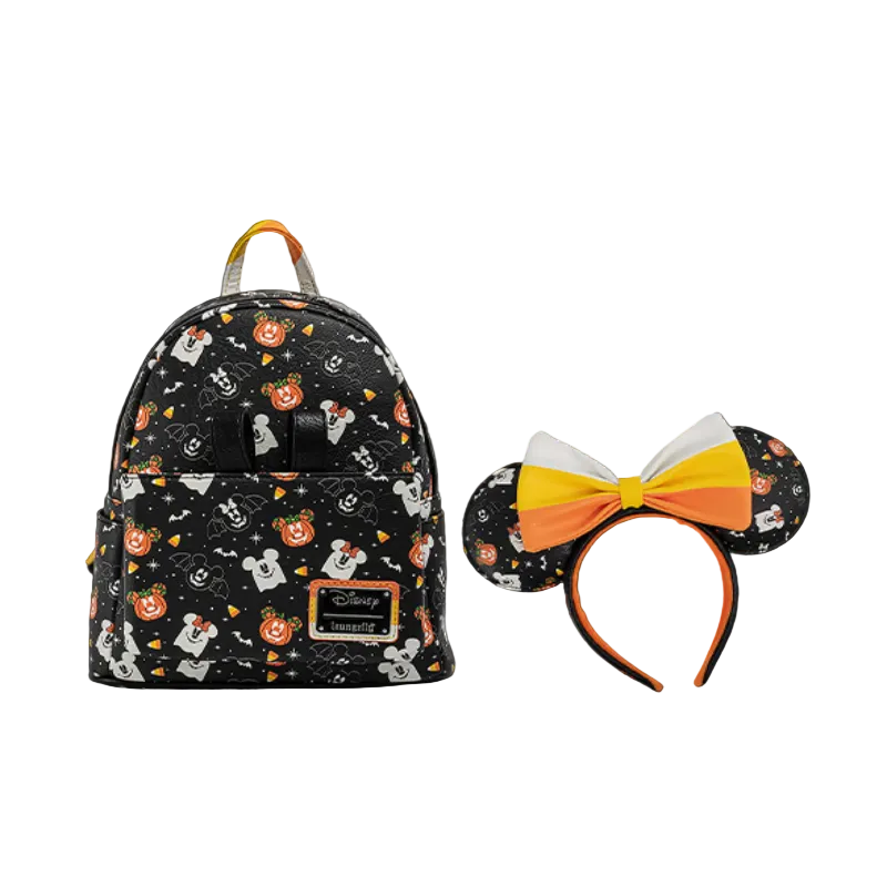 Backpack and headband with Halloween-themed design on a black background