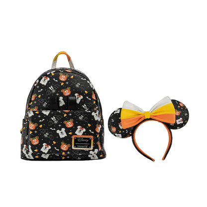 Backpack and headband with Halloween-themed design on a black background