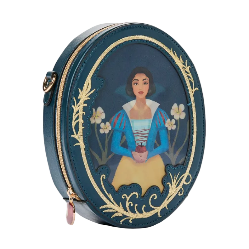 Round blue purse with Snow White design on a white background