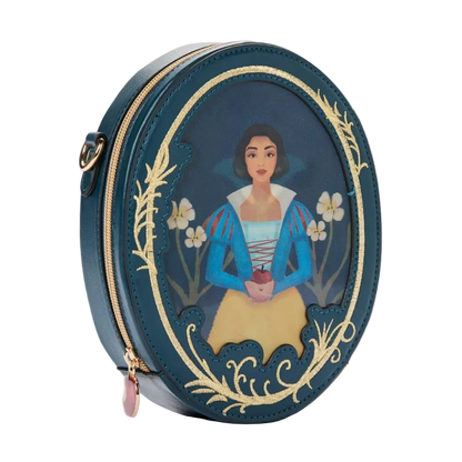 Round blue purse with Snow White design on a white background