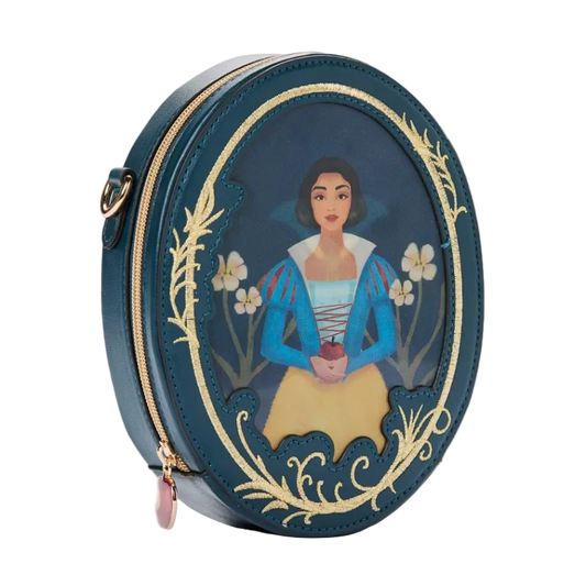 Round blue purse with Snow White design on a white background