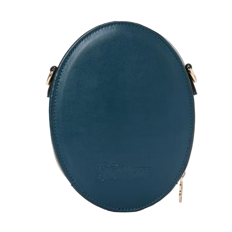 Blue round purse with gold accents on a white background