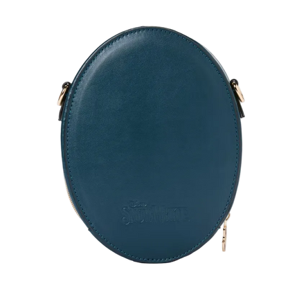 Blue round purse with gold accents on a white background