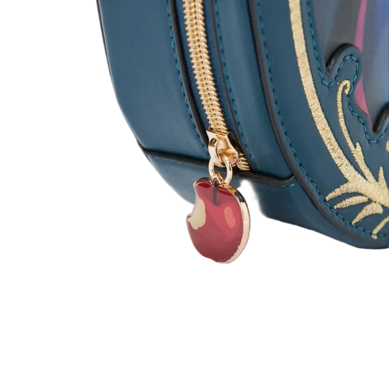 Blue bag with gold zipper and red heart charm on a white background