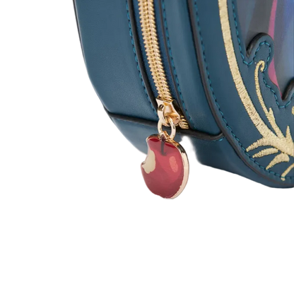 Blue bag with gold zipper and red heart charm on a white background