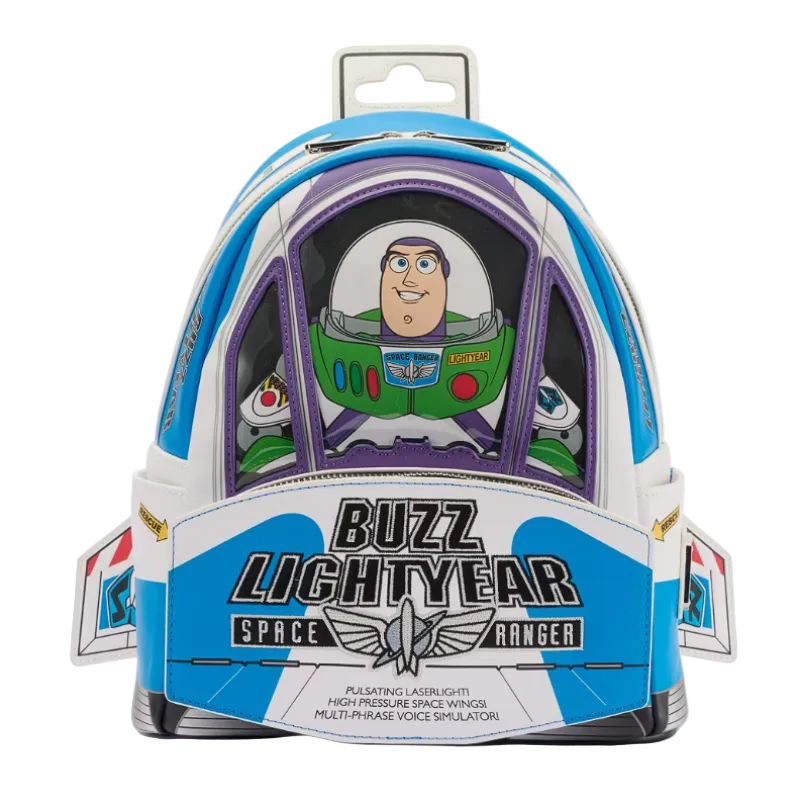 Backpack designed like Buzz Lightyear from Toy Story, featuring a clear window with the character's face.