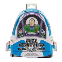 Backpack designed like Buzz Lightyear from Toy Story, featuring a clear window with the character's face.