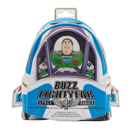 Backpack designed like Buzz Lightyear from Toy Story, featuring a clear window with the character's face.