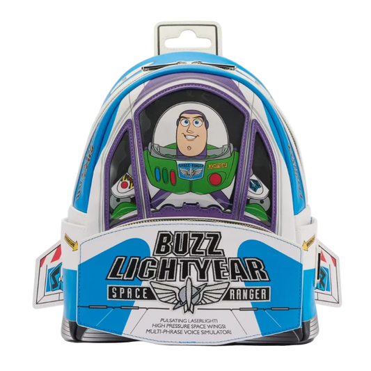 Backpack designed like Buzz Lightyear from Toy Story, featuring a clear window with the character's face.