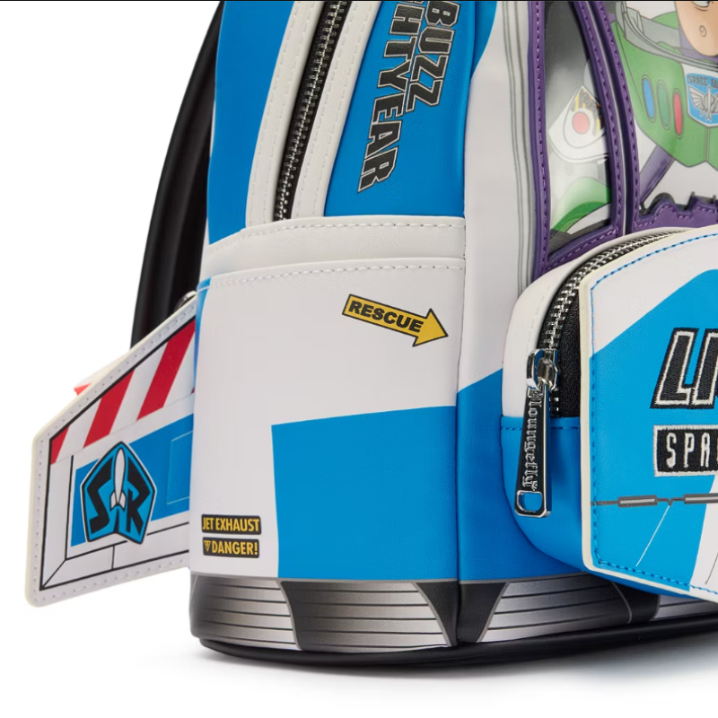 Backpack designed like Buzz Lightyear from Toy Story with colorful details and text.