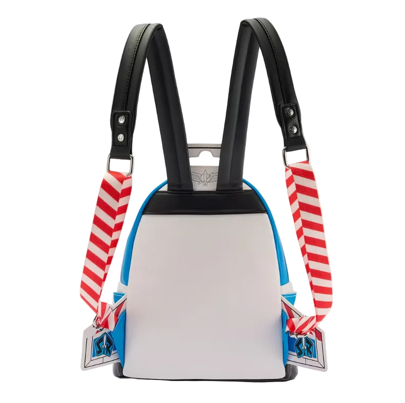 Backpack with red and white striped straps on a white background