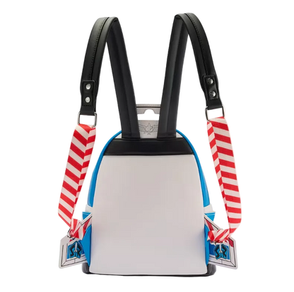 Backpack with red and white striped straps on a white background