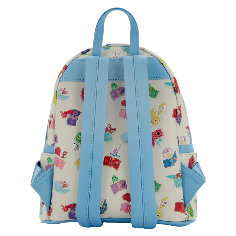 Backpack with colorful pattern and blue straps on a white background